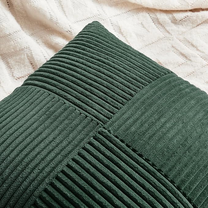 Fancy Homi Set of 2 Dark Green Lumbar Decorative Throw Pillow Covers 14x22 Inch for Living Room Couch Bed, Boho Farmhouse Forest Green Home Decor, Soft Corduroy Corss Patchwork Cushion Case