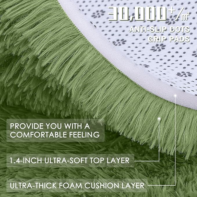 OLANLY Green Round Rugs for Bedroom - Machine Washable, 7 ft Circle Area Rugs for Living Room, Soft and Fluffy Shaggy Carpet for Teen Girl and Boys, Nursery Rooms, Dorms, Home Decor Aesthetic