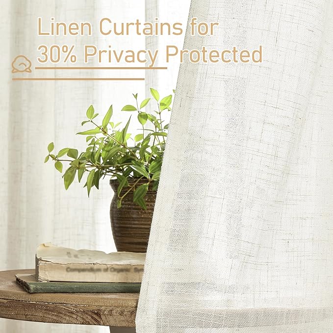 LAMIT 72 inch Length Cream Linen Curtains for Living Room 2 Panels, Linen Textured Light Filtering Semi Sheer Back Tab and Rod Pocket Window Curtain Panels for Bedroom/Farmhouse, 52 x 72 Inch
