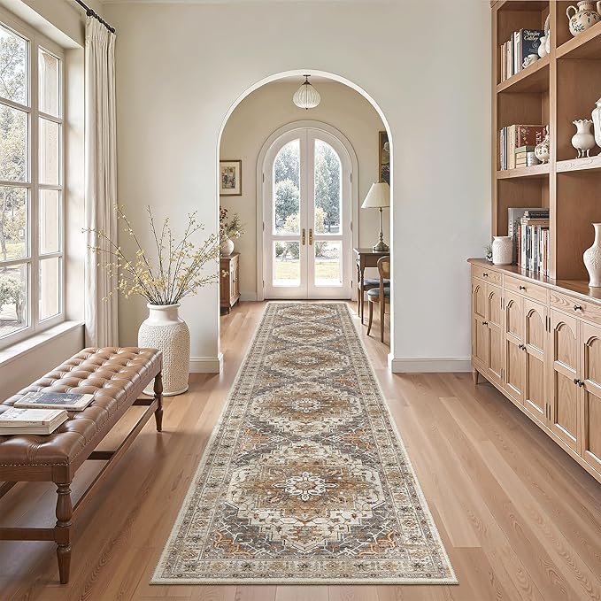 Madane Hallway Runner Rug 2x12, Extra Long Washable Runner Rugs with Rubber Backing, Non Slip Carpet Runner, Vintage Rug Runners for Kitchen Laundry Room Entryway (Turmeric/Grey, 2'x12')