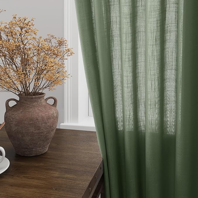 Nanspring Olive Green Boho Curtains for Bedroom Back Tab Rod Pocket Semi Sheer Linen Curtains 90 Inches Long 2 Panel Set Light Filtering Neutral Farmhouse Lightweight Drapes for Living Room 40x90