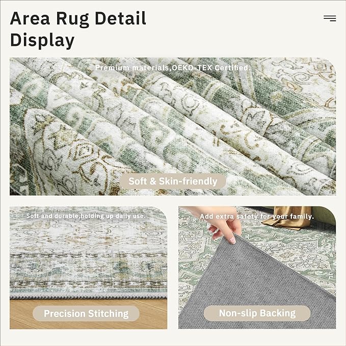 6x9 Area Rug for Living Room Washable 6x9 Rug Non-Slip Modern Rugs for Bedroom Dinning Room Ultra-Thin Indoor Green/Brown Rug