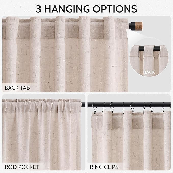 Natural White Linen Curtains 72 Inches Long for Living Room Burlap Linen Textured Light Filtering Semi Sheer Curtains Back Tab Privacy Neutral Farmhouse Curtain for Bedroom Office 52x72, 2 Panels