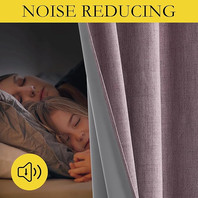 NICETOWN Chaise Mauve Vintage Linen 100% Blackout Curtains for Kitchen, Thermal Insulated Curtains 63" Long, Noise Reducing Window Treatment Drapes for Dorm Room, 62" Wide Per Panel, Set of 2