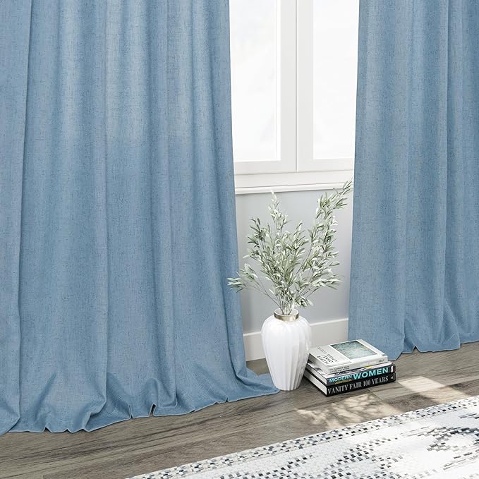 Blue Linen Curtains 102 Inches Long for Living Room 2 Panel Set Back Tab Rod Pocket Dusty Blue Semi Sheer Curtains Light Filtering Burlap Extra Long Drapes Farmhouse Decor for High Window 40x102