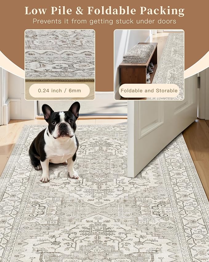 Madane Hallway Runner Rug 3x6 - Washable Kitchen Rugs Entryway Rug Runner Vintage Soft Floor Mat Non Slip Indoor Farmhouse Carpet for Bathroom Living Room Bedroom (3 X 6, Beige/Brown)