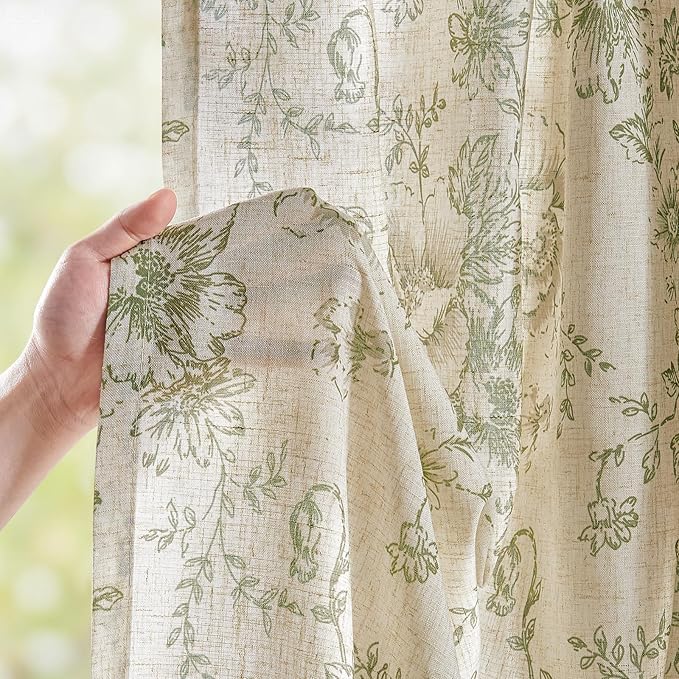 jinchan Linen Blend Floral Curtains for Living Room 96 Inch Length Farmhouse Printed Curtain Rod Pocket Back Tab Sage Green Peony Flower Patterned Drapes Bedroom Curtains Set 2 Panels