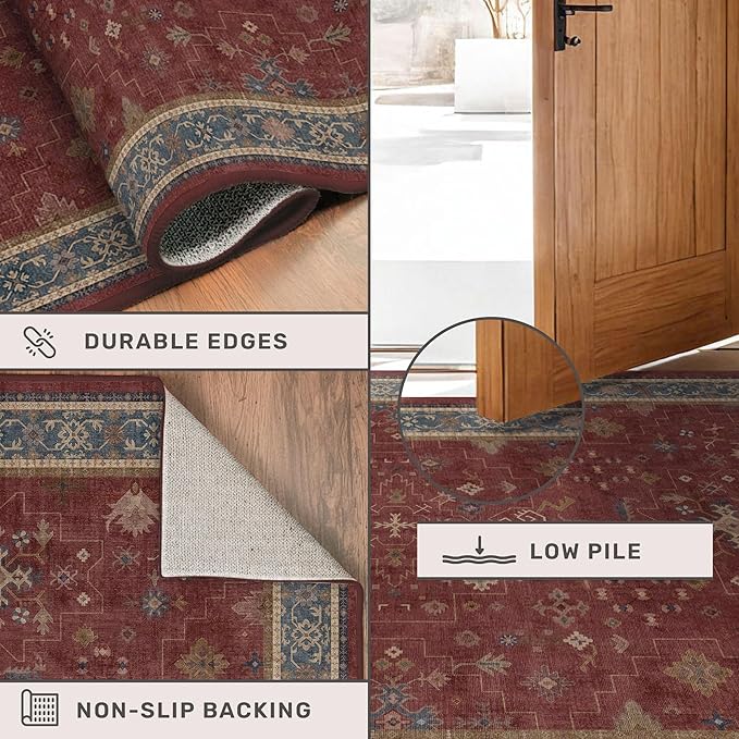 Hazo Haus Non Slip 10ft Long Hallway Runner Rug Burgundy - 2 x 10 Runner Rug, Washable & Waterproof 2x10 Kitchen Floor Mat - Oriental Turkish Dark Red Design Décor