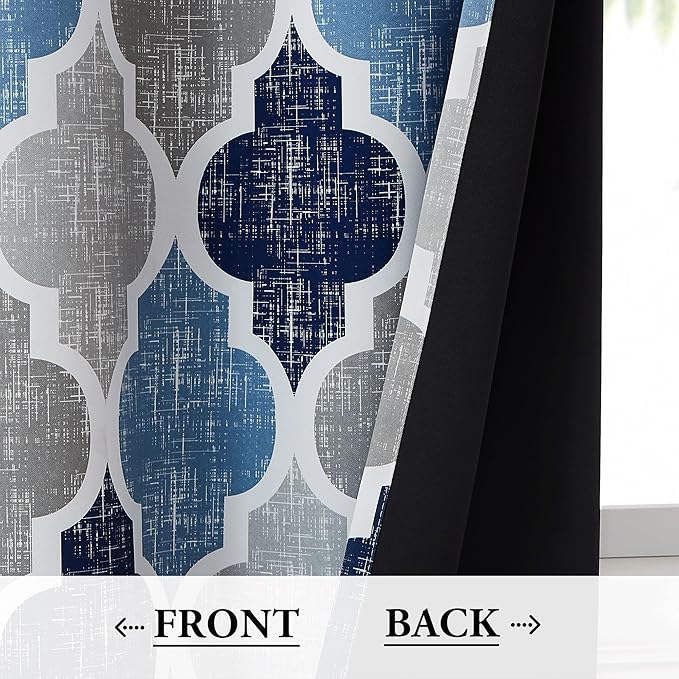 Beauoop 100% Blackout Curtains 45 Inches Long 2 Panels for Bedroom Living Room Blue Grey Moroccan Geo Room Darkening Thermal Insulated Soundproof Grommet Top Window Treatments Drapes, 50x45 Set of 2