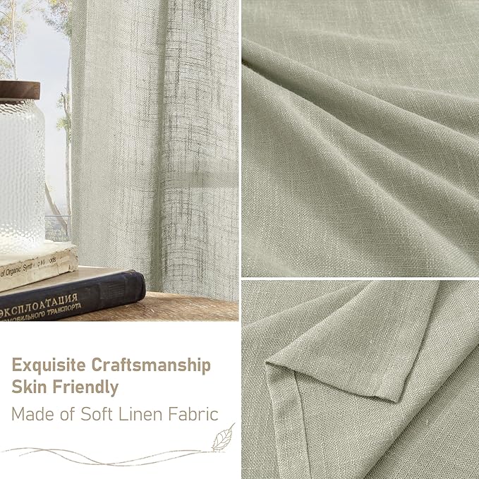 LAMIT Sage Grey Linen Kitchen Curtains 30 Inch Length, Semi Sheer Light Filtering Window Panels Back Tab and Rod Pocket Drapes for Basement/Small Windows, 34 x 30 Inch, 2 Panels