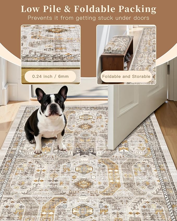 Madane Hallway Runner Rug 2'6''x10' Kitchen Runner, Non Slip Vintage Runners for Hallways Washable Kitchen Rugs Soft Low Pile 2.5x10 ft Rug Runner for Laundry Room, Entryway and Bedroom, Brown/Gold