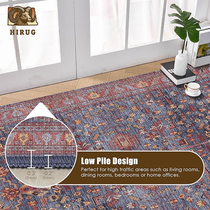 Washable Area Rug 8' x 10' Vintage Traditional Persian Mat - Foldable Distressed Non-Slip Machine Washable Carpet for Living Room Bedroom Kitchen Home Decor - Indigo and Crimson