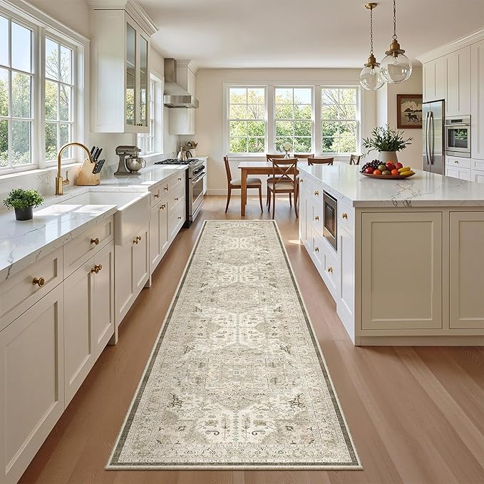 Madane Runner Rugs for Hallway 2x12 Extra Long Washable Non-Slip Hallway Runner Rug Low-Pile Stair Kitchen Throw Carpet Runner for Entrance Living Dining Laundry Room Rug (Ivory/Brown, 2'x12')