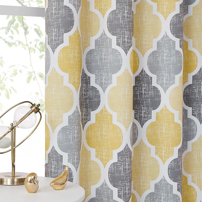 Beauoop 100% Blackout Curtains 90 Inches Long 2 Panels for Bedroom Living Room Yellow Grey Moroccan Geo Room Darkening Thermal Insulated Soundproof Grommet Top Window Treatments Drapes, 50x90 Set of 2