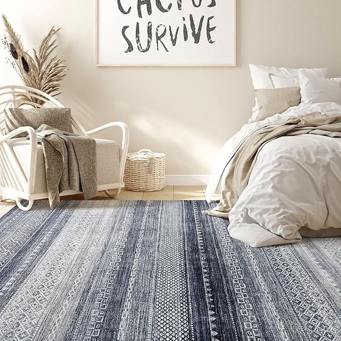 Nakagishi Area Rug Living Room Rugs: 4X6 Machine Washable Boho Large Neutral Farmhouse Stain Resistant Moroccan Indoor Floor Carpet for Bedroom Nursery Dorm Dining Room Home-Denim Blue