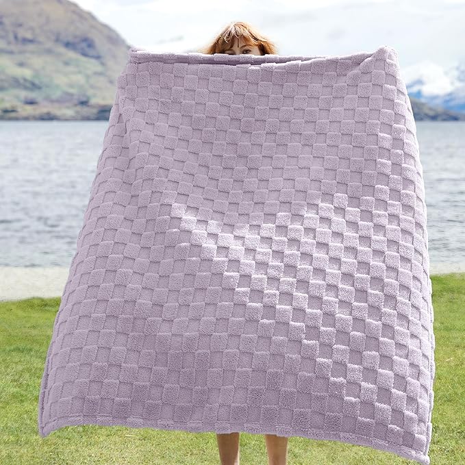Bedsure GentleSoft Lavender Purple Throw Blanket for Couch Bed, Checkered Fleece Soft Cozy, Cute Throw for Bedroom Home Decor Gifts for Kids Girls,Lavender Fog, 50x60 Inches