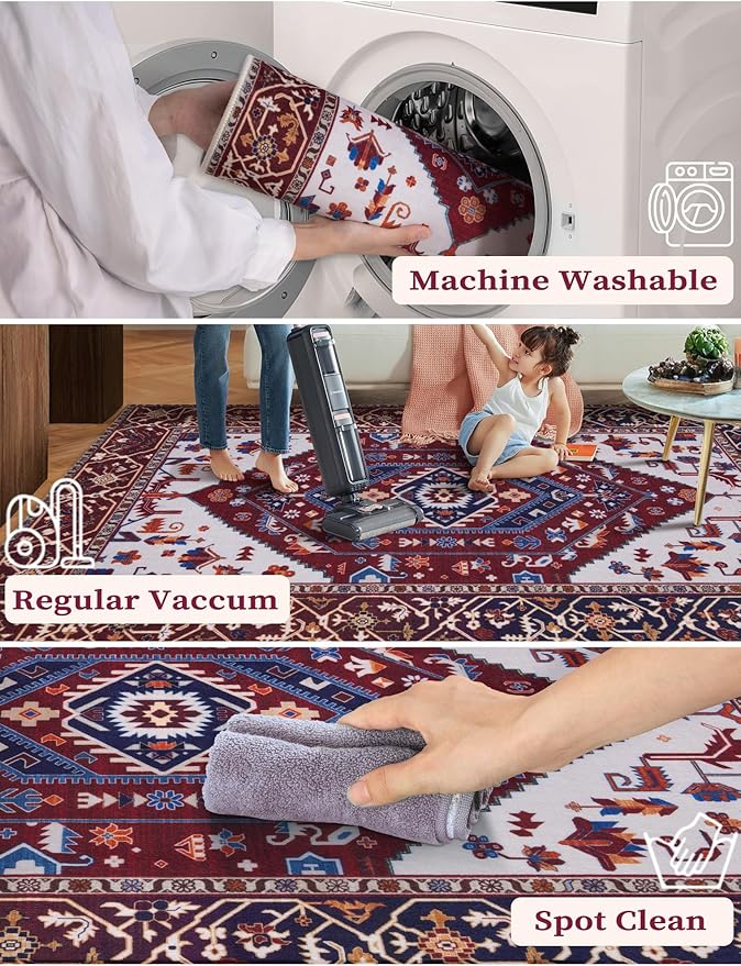 SERISSA Boho Washable Runner Rug, 2x5 Rug Runner Non-Slip Vintage Burgundy Navy Hallway Kitchen Runner Rug Ultra Soft Print Distressed Floor Carpet Runner for Bedroom Bathroom Laundry Living Room