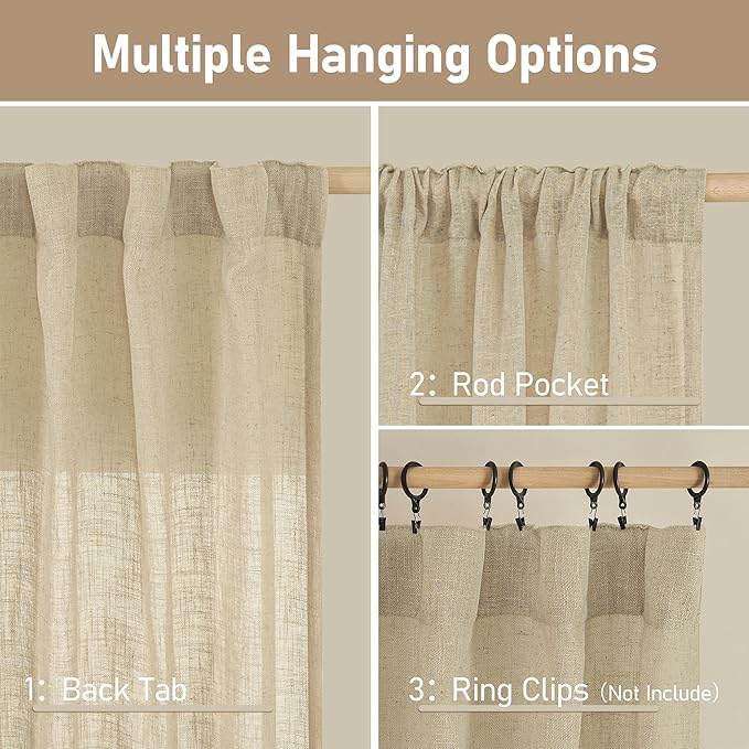 LAMIT 95 Inch Long Linen Curtains for Living Room, Light Filtering Semi Sheer Panels Back Tab and Rod Pocket Neutral Panels for Bedroom/Sliding Glass Door, 60 x 95 Inch, Linen, 2 Panels Set