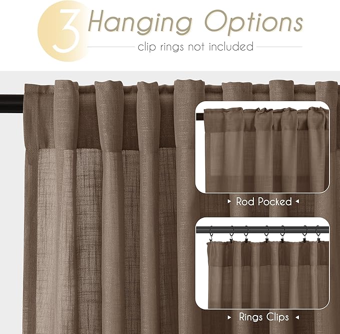 Chocolate Brown Linen Curtain 108 inch Length 2 Panels Back Tab Light Filtering Living Room Curtain Drapes Home Office Modern Minimalist Decor Farmhouse Boho Neutral Semi Sheer Curtain 108 inch Long
