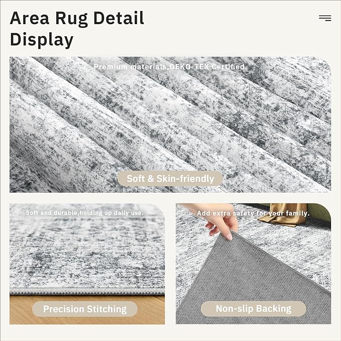Soalmost 5x8 Area Rugs Grey Low Pile Indoor Washable Trendy Faded Style Rugs for Bedroom Living Room Dining Room Foldable Non-Slip Thin Print Home Office Mat