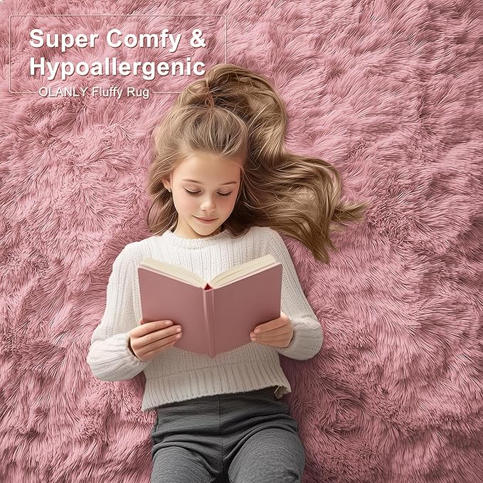 OLANLY 2x6 Machine Washable Runner Rugs for Hallway, Soft Fluffy Shaggy Bedside Rugs for Bedroom, Living Room, Indoor Floor Carpet for Kids Girls Boys, Nursery Rooms, Home Decor Aesthetic, Pale Pink