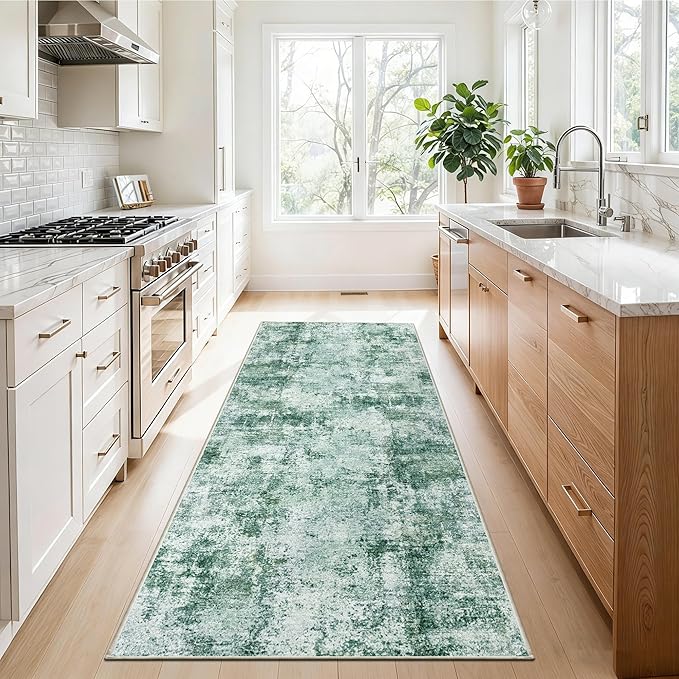 2x5 Washable Runner Rug for Hallway: Non Slip Entryway Runners Rugs Easy-to-Clean - Soft Living Room Bedroom Carpet - Thin Low Pile Floor Mat for Dining Room Green