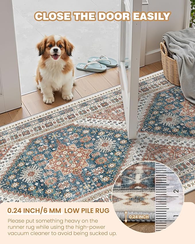 Runner Rug 2x6, Ultra-Thin Entryway Rug Non Slip Washable Rugs for Laundry Room, Runners for Hallways, Vintage Soft Rugs for Living Room, Kitchen, Bedroom(Blue/Red,2'x6')