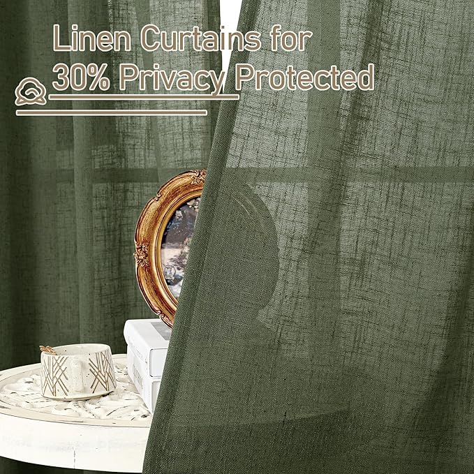 LAMIT Olive Green Linen Curtains 80 inch Length 2 Panels, Light Filtering Semi Sheer Curtains Back Tab and Rod Pocket Neutral Panels for Bedroom/Living Room, 34 x 80 Inch