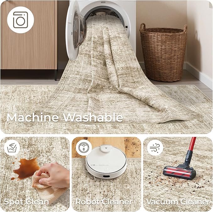 2x4 Washable Rug Runner for Bathroom, Soft Entryway Rug for Laundry Room, Kitchen, Vintage Abstract Hallway Runner for Bedroom, Anti-Slip Door Mat Indoor Entrance(2'x4', Brown/Ivory)