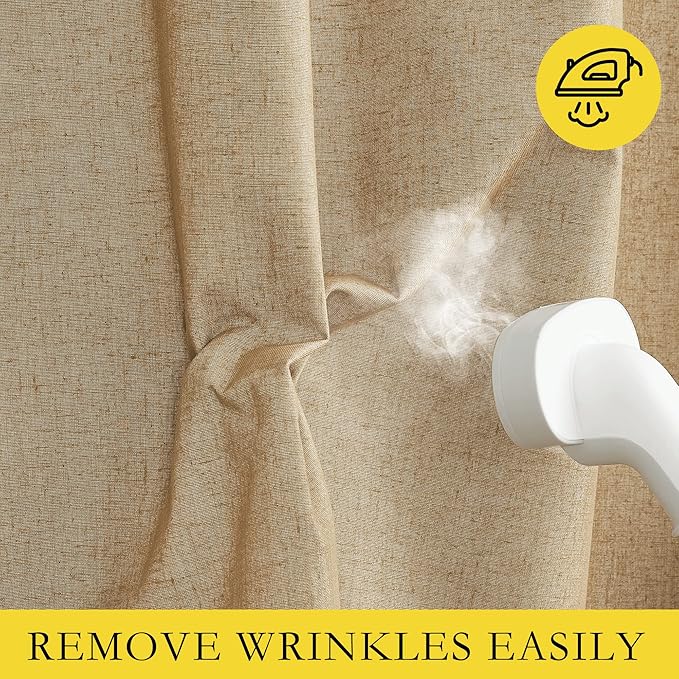 NICETOWN 100% Absolutely Blackout Linen Curtains with Thermal Insulated White Liner, Camel, W52 x L120, 2 Panels, Textured Linen Look Noise Reducing Window Treatments Drapes for Bedroom/Living Room