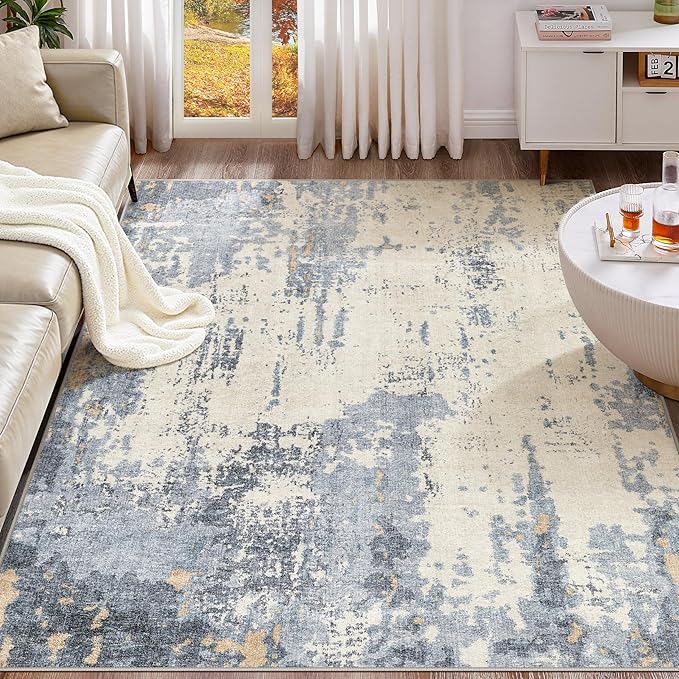 UERMEI 8x10 Area Rug Living Room Rugs - Washable Neutral Modern Abstract Soft Thin Rug Indoor Floor No Slip Rug Carpet for Bedroom Under Dining Table Home Office Decor - Blue/Light Brown