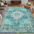 Washable Area Rug 9' x 12' Vintage Traditional Persian Mat - Foldable Distressed Non-Slip Machine Washable Carpet for Living Room Bedroom Kitchen Home Decor - Teal and Gold