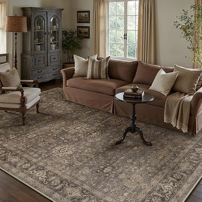 10x12 Washable Area Rug for Living Room Bedroom Vintage Brown Non Slip Carpet Traditional Retro Soft Low Pile Large Throw Rug for Dining Room Kitchen Office Indoor
