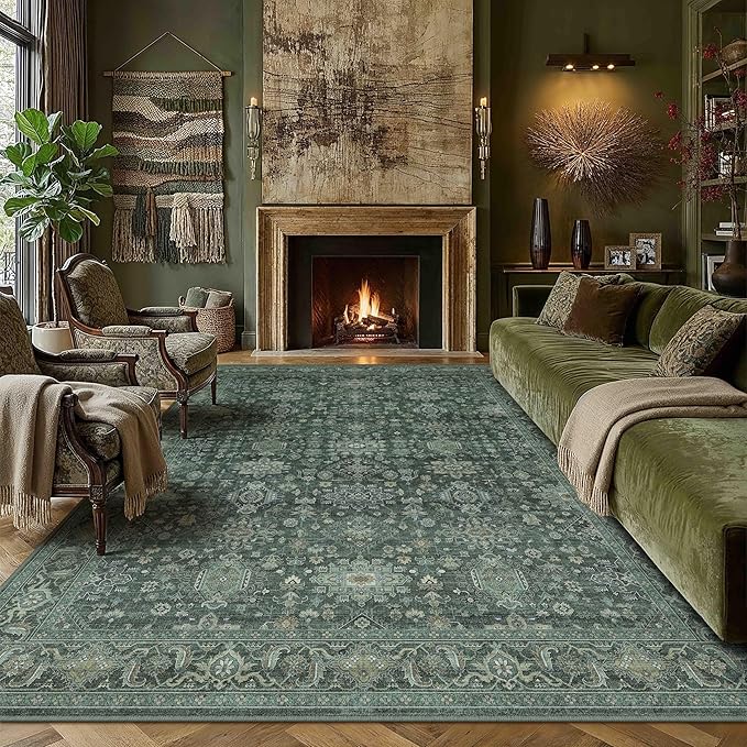 9x12 Washable Area Rug for Living Room Bedroom Vintage Green Non Slip Carpet Traditional Retro Soft Low Pile Large Throw Rug for Dining Room Kitchen Office Indoor